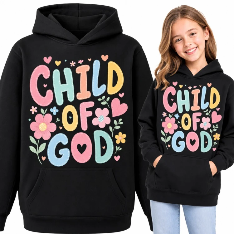 Bluza dziewczęca z kapturem „Child of God” - pastelowe litery w kwiaty i serduszka