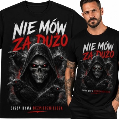 Koszulka męska z czaszką i krukami „Nie mów za dużo” - gotycki nadruk