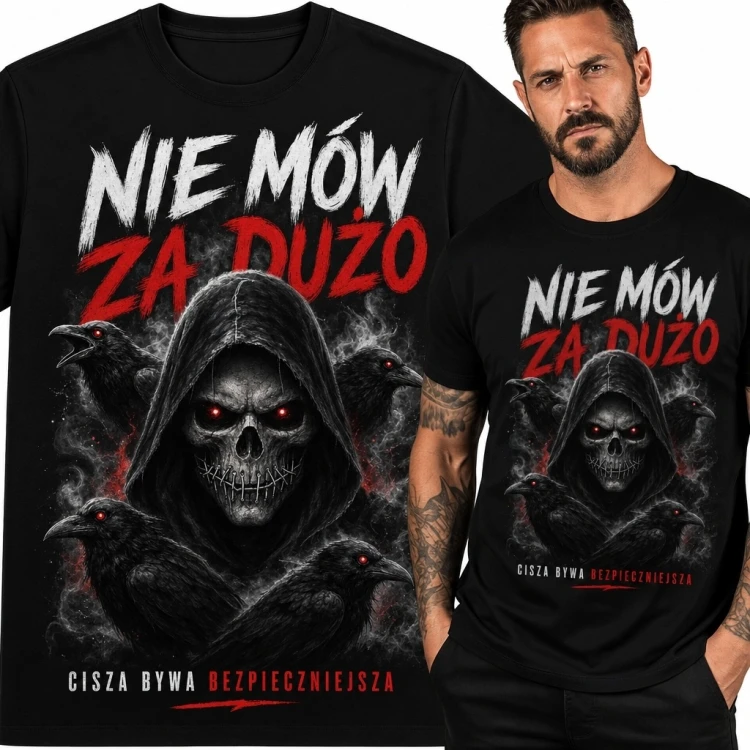 Koszulka męska z czaszką i krukami „Nie mów za dużo” - gotycki nadruk