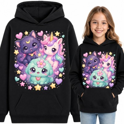 Bluza dziewczęca z kapturem - jednorożec, kotek z księżycem i piesek kawaii w serduszkach