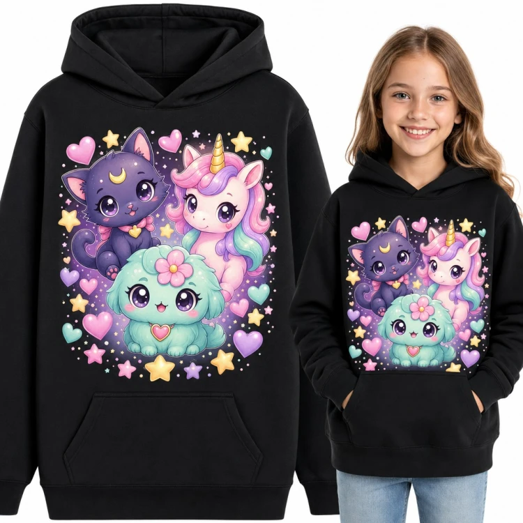 Bluza dziewczęca z kapturem - jednorożec, kotek z księżycem i piesek kawaii w serduszkach