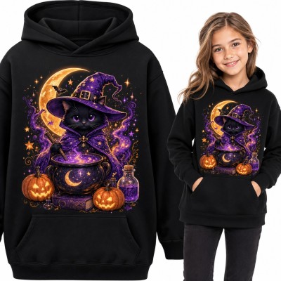 Bluza dziewczęca z kapturem - czarny kot czarownica z kociołkiem i dyniami na Halloween