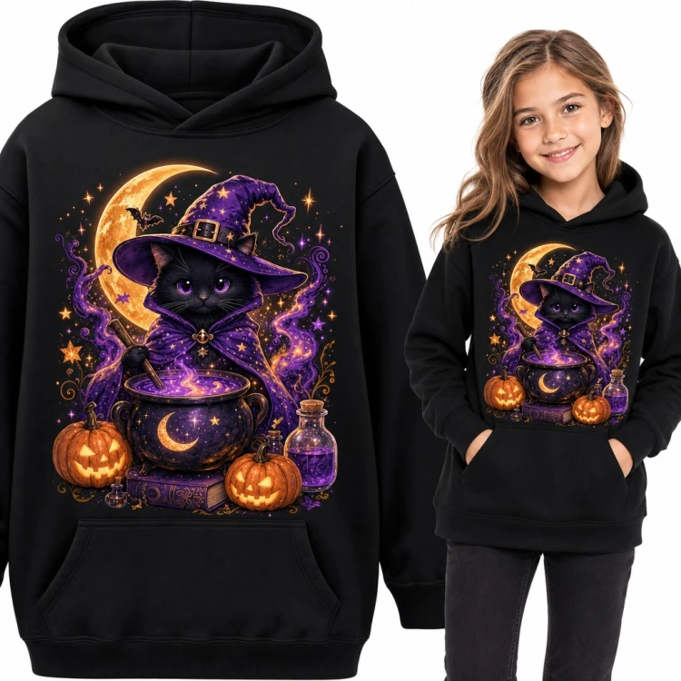 Bluza dziewczęca z kapturem - czarny kot czarownica z kociołkiem i dyniami na Halloween
