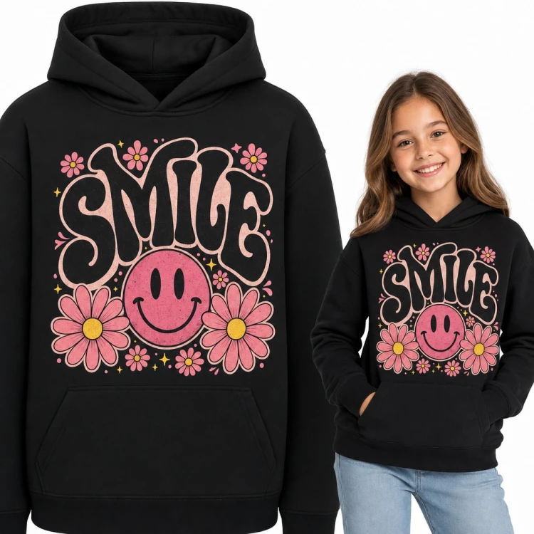 Bluza dziewczęca z kapturem - „Smile” z różową buźką i stokrotkami w stylu retro
