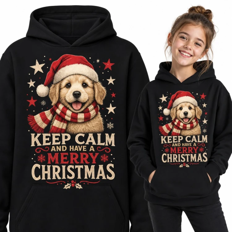 Bluza dziewczęca z kapturem - szczeniak w czapce Mikołaja „Keep calm and have a Merry Christmas”