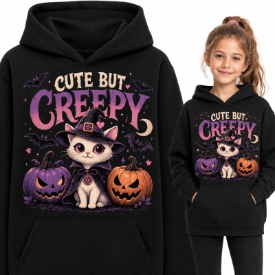 Bluza dziewczęca z kapturem „Cute but creepy” - kotek czarownica z dyniami na Halloween