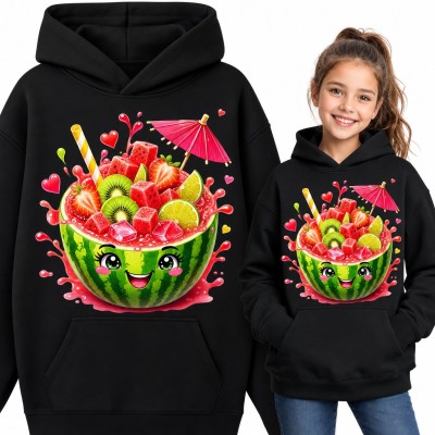 Bluza dziewczęca z kapturem - uśmiechnięty arbuz kawaii z owocowym koktajlem