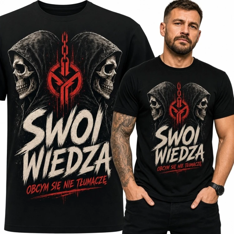 Koszulka męska z czaszkami „Swoi wiedzą, obcym się nie tłumaczę” - mroczny wzór