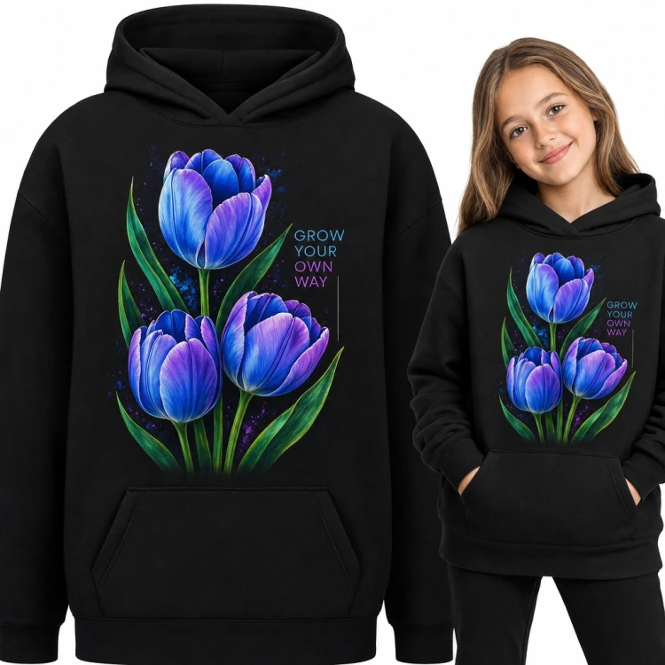 Bluza dziewczęca z kapturem - fioletowe tulipany i napis „Grow your own way”