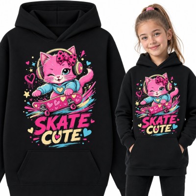 Bluza dziewczęca z kapturem - różowy kotek na deskorolce „Skate cute”