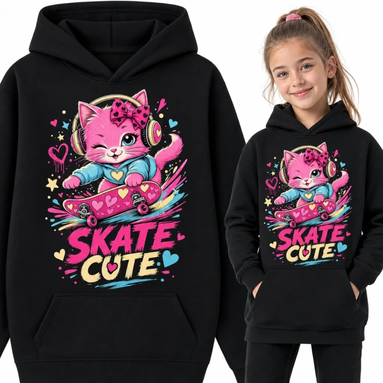 Bluza dziewczęca z kapturem - różowy kotek na deskorolce „Skate cute”