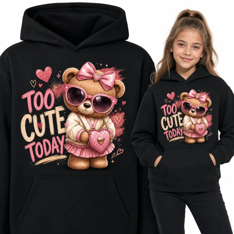 Bluza dziewczęca z kapturem - „Too cute today” miś w różowych okularach