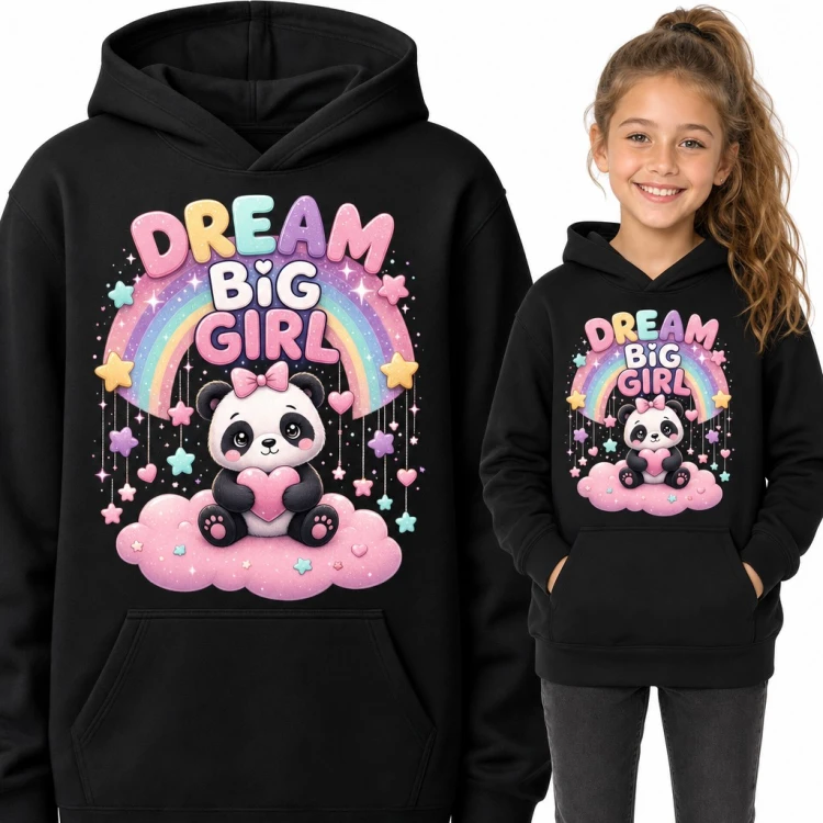 Bluza dziewczęca z kapturem - panda z sercem pod tęczą „Dream big girl”