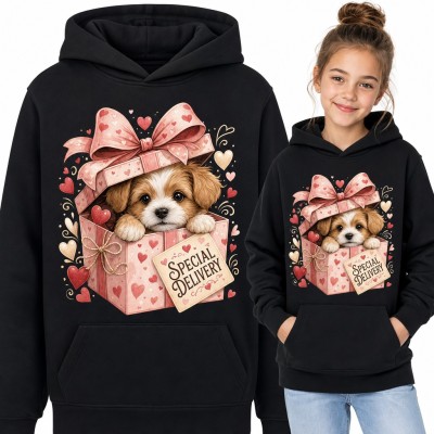 Bluza dziewczęca z kapturem - szczeniak w pudełku prezentowym „Special Delivery”