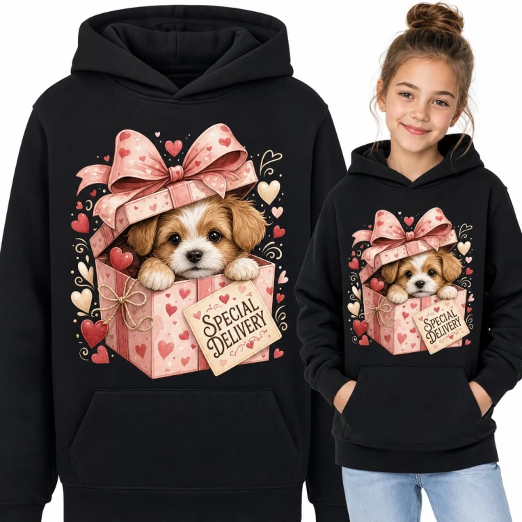 Bluza dziewczęca z kapturem - szczeniak w pudełku prezentowym „Special Delivery”