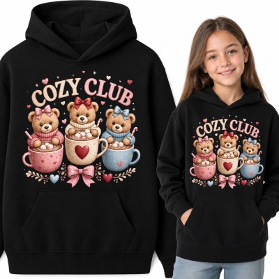 Bluza dziewczęca z kapturem - „Cozy Club” misie w kubkach gorącej czekolady
