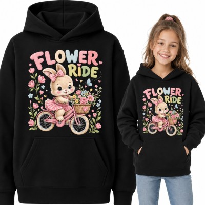 Bluza dziewczęca z kapturem - „Flower ride” króliczek na różowym rowerku z koszykiem kwiatów