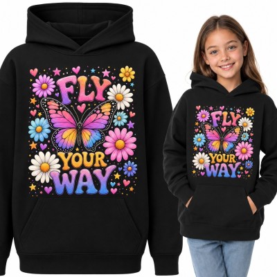 Bluza dziewczęca z kapturem - kolorowy motyl i stokrotki „Fly your way”