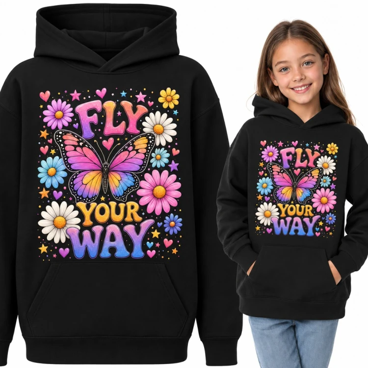 Bluza dziewczęca z kapturem - kolorowy motyl i stokrotki „Fly your way”