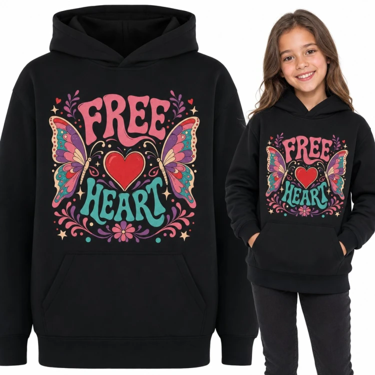 Bluza dziewczęca z kapturem - „Free heart” z motylami i czerwonym sercem