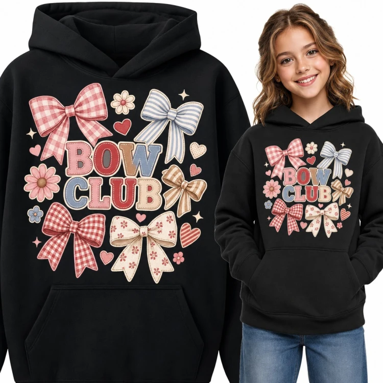 Bluza dziewczęca z kapturem - „Bow Club” z kokardkami w kratkę i paski