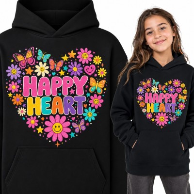 Bluza dziewczęca z kapturem - „Happy Heart” w sercu z uśmiechniętych kwiatków i motyli
