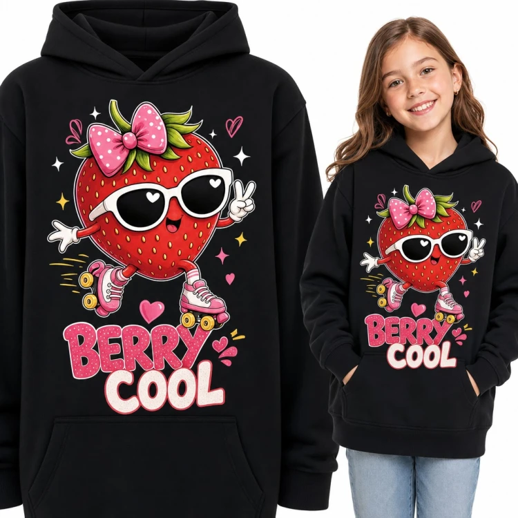 Bluza dziewczęca z kapturem - truskawka na wrotkach w okularach „Berry cool”