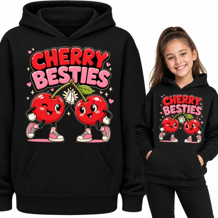 Bluza dziewczęca z kapturem - „Cherry besties” wisienki przyjaciółki przybijające piątkę