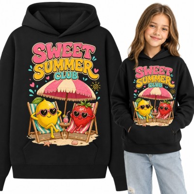 Bluza dziewczęca z kapturem „Sweet Summer Club” - cytryna i truskawka na leżakach