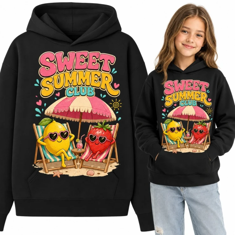 Bluza dziewczęca z kapturem „Sweet Summer Club” - cytryna i truskawka na leżakach