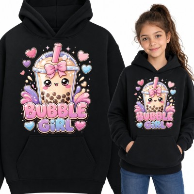 Bluza dziewczęca z kapturem - „Bubble Girl” z kubkiem kawaii bubble tea