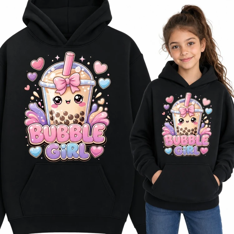 Bluza dziewczęca z kapturem - „Bubble Girl” z kubkiem kawaii bubble tea