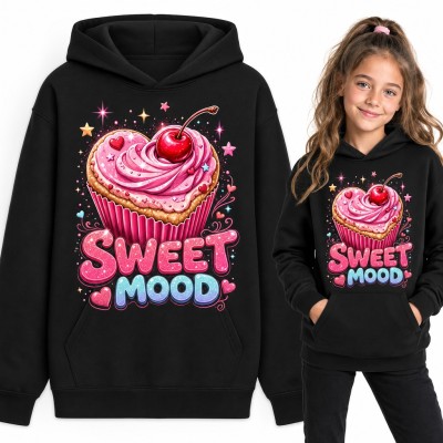 Bluza dziewczęca z kapturem - babeczka z wisienką i napis „Sweet mood”