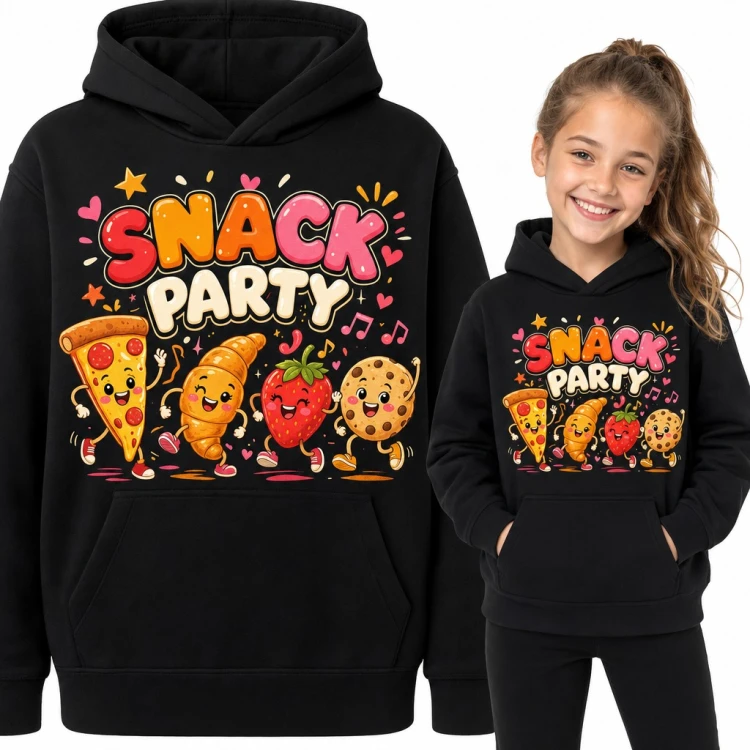Bluza dziewczęca z kapturem - „Snack party” z tańczącą pizzą, truskawką i ciastkiem