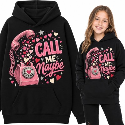 Bluza dziewczęca z kapturem - różowy telefon retro i serduszka „Call me maybe”