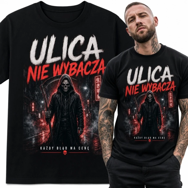 Koszulka męska streetwear „Ulica nie wybacza” - zamaskowana postać