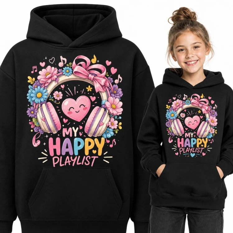 Bluza dziewczęca z kapturem - „My happy playlist” słuchawki z serduszkiem i kwiatami