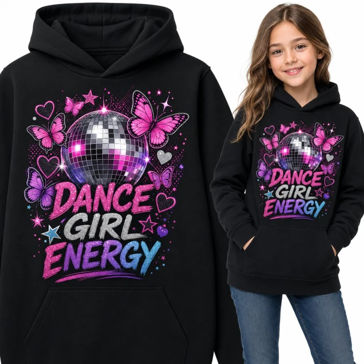 Bluza dziewczęca z kapturem „Dance Girl Energy” - kula disco i różowe motyle