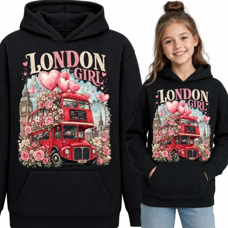 Bluza dziewczęca z kapturem - „London girl” z czerwonym autobusem w różach