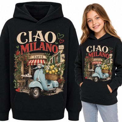 Bluza dziewczęca z kapturem - „Ciao Milano” z błękitnym skuterem i cytrynami