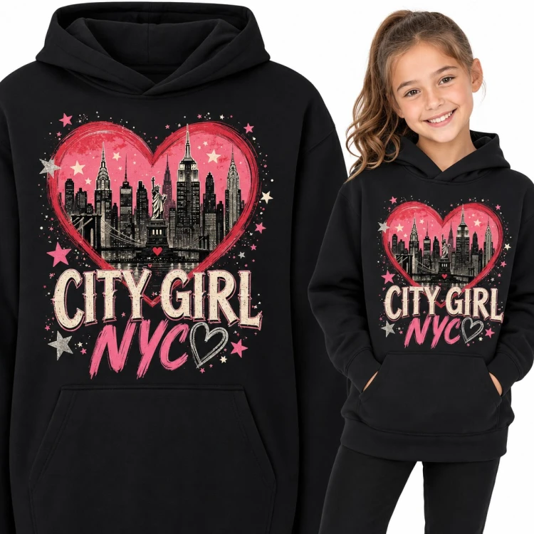 Bluza dziewczęca z kapturem - „City Girl NYC” z panoramą Nowego Jorku w sercu