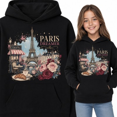 Bluza dziewczęca z kapturem „Paris Dreamer” - wieża Eiffla, kawiarnia i róże