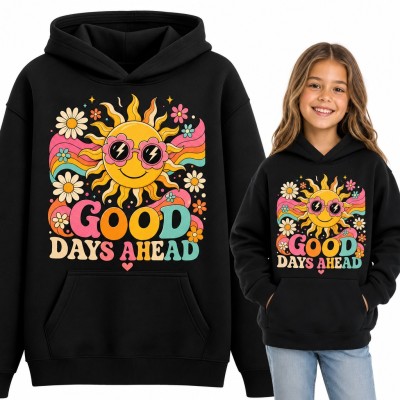 Bluza dziewczęca z kapturem - „Good days ahead” z uśmiechniętym słońcem w okularach