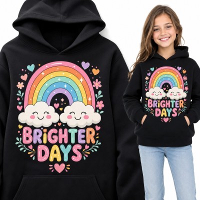 Bluza dziewczęca z kapturem - tęcza z uśmiechniętymi chmurkami „Brighter days”