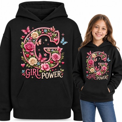 Bluza dziewczęca z kapturem „Girl power” - litera G z różami i motylami