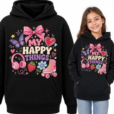 Bluza dziewczęca z kapturem - „My happy things” z wrotkami, kokardą i motylem