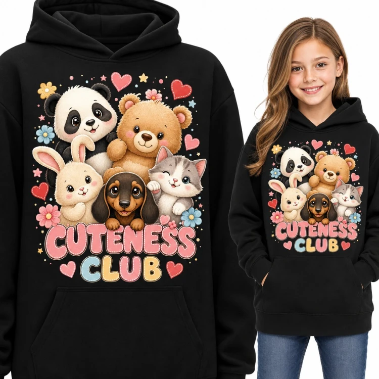 Bluza dziewczęca z kapturem - „Cuteness Club” z pandą, misiem, kotkiem, jamnikiem i króliczkiem