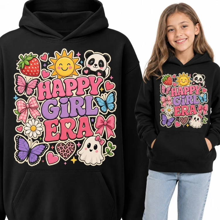 Bluza dziewczęca z kapturem „Happy Girl Era” - panda, motyle, kokardy i duszek
