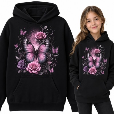 Bluza dziewczęca z kapturem - różowy motyl wśród róż