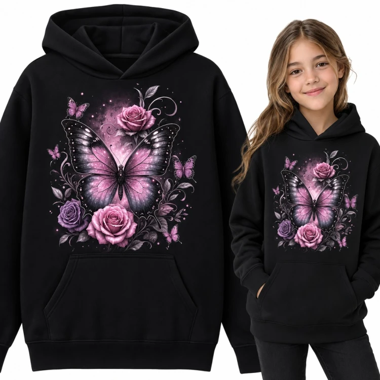 Bluza dziewczęca z kapturem - różowy motyl wśród róż